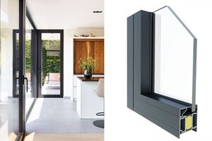Bright kitchen with slim dark window and door frames, next to a cross-section of a Deceuninck window profile