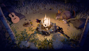 Forest animals including a beaver, hedgehog, birds and a butterfly gathered round a campfire at night