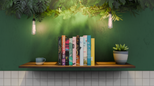 3D-rendered bookshelf with young-adult novels, a mug and a plant under hanging bulbs and greenery